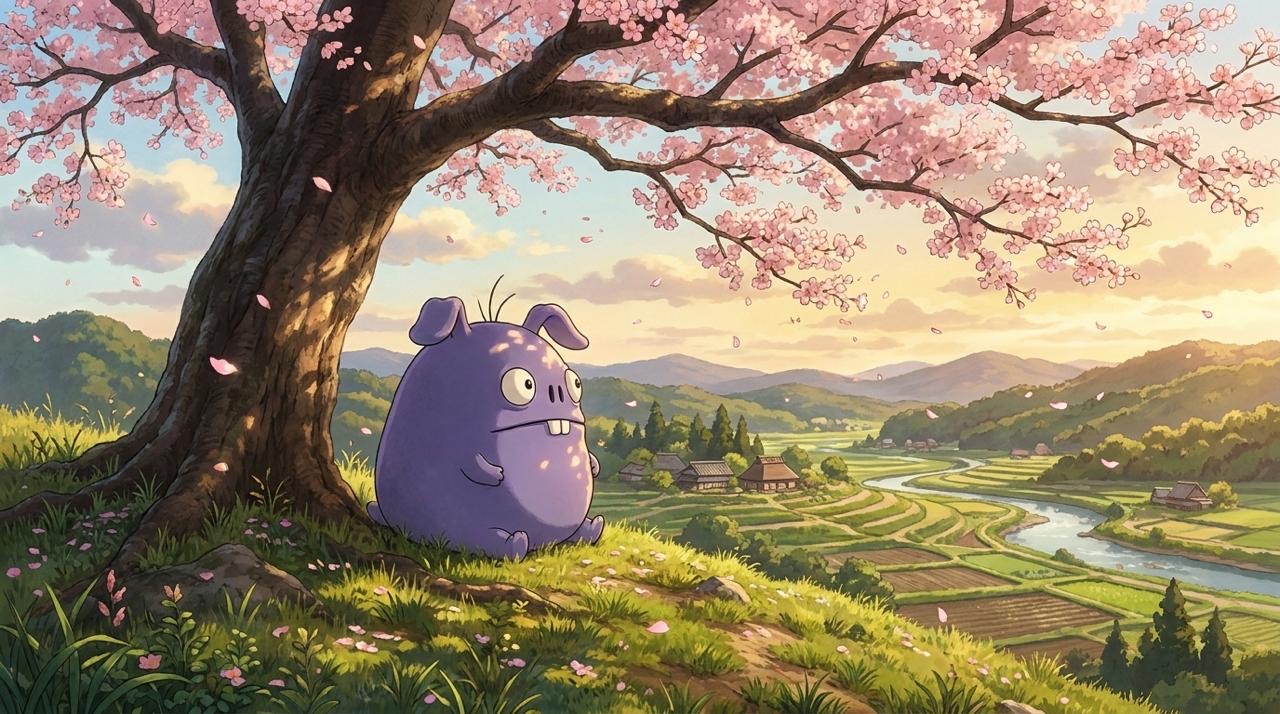 bwab sitting under a cherry blossom tree on a hillside above a valley of rice fields